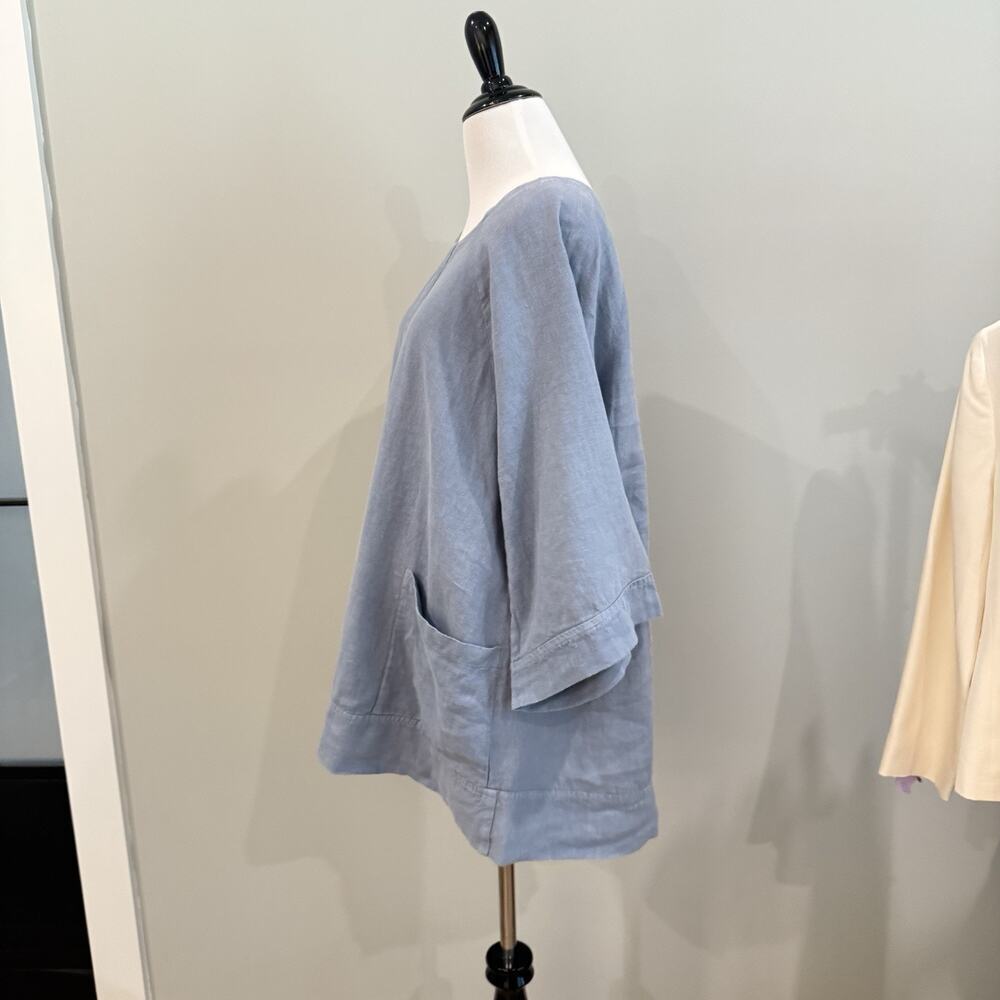Match Point Tunic Top Blue Linen 3/4 Sleeve Scoop Neck L Lagenlook Oversized - Picture 3 of 11